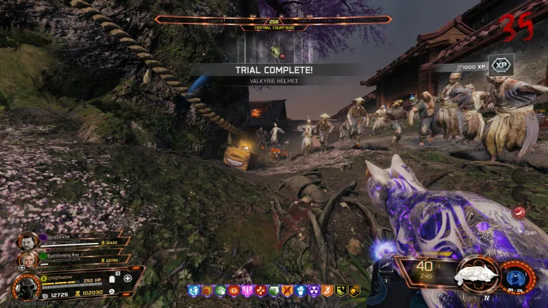 Trial Complete Valkyrie Helmet banner with the 1000 XP reward on Kowakujo in BO7 Zombies