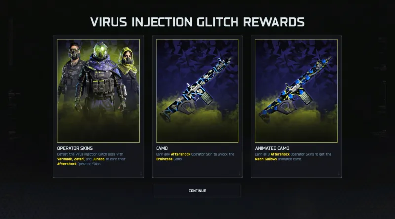 BO7 Virus Injection Glitch Rewards showing Aftershock operator skins, Braincase camo, and Neon Gallows animated camo