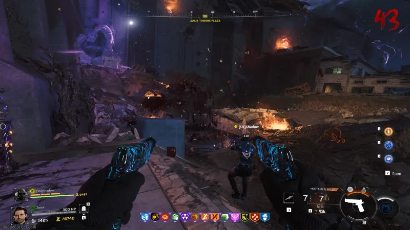 Aftermath of a Doppelghast killed on a jump pad at Janus Towers Plaza in BO7 Cursed mode, blood left on the ground while dual wielding Mustang and Sally for the Vril Sphere relic