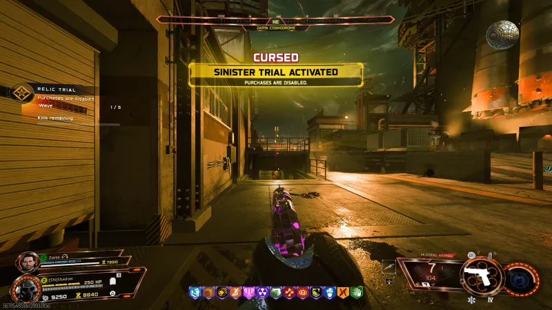 SINISTER TRIAL ACTIVATED banner in BO7 showing purchases are disabled with Wave 1 of 5 at Zarya Cosmodrome