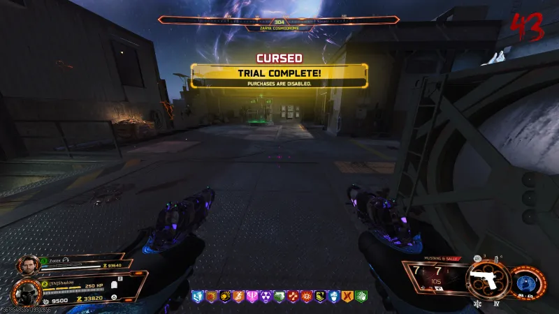 CURSED TRIAL COMPLETE banner after finishing the Vril Sphere relic trial at Zarya Cosmodrome round 43 in BO7