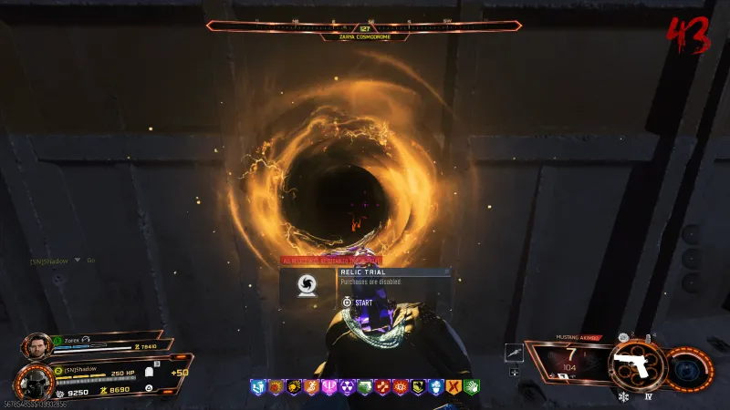 Vril Sphere Relic Trial prompt showing purchases are disabled and all relics will be disabled in the trial at Zarya Cosmodrome