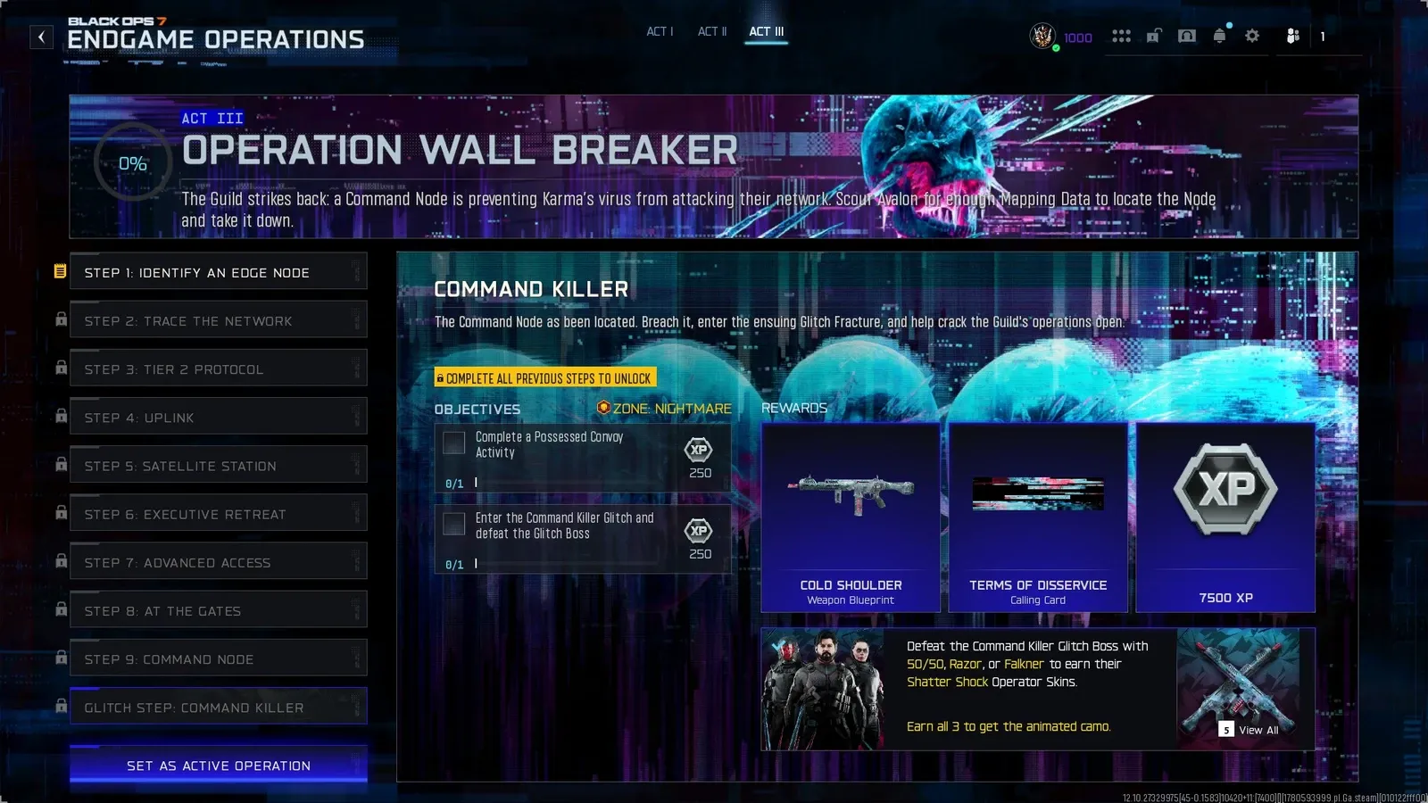 BO7 Wall Breaker Glitch Step Command Killer showing Possessed Convoy and Glitch Boss objectives at Nightmare Zone with Cold Shoulder blueprint and Terms of Disservice calling card rewards