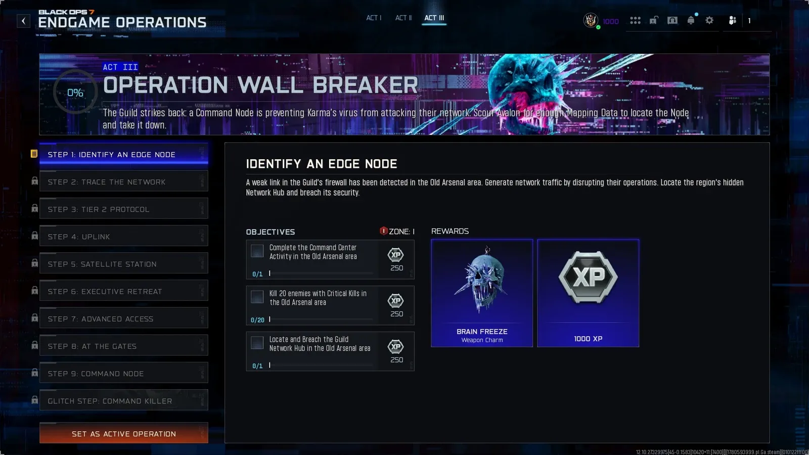 BO7 Wall Breaker Step 1 Identify an Edge Node showing Command Center and Critical Kill objectives in Zone I with Brain Freeze weapon charm reward