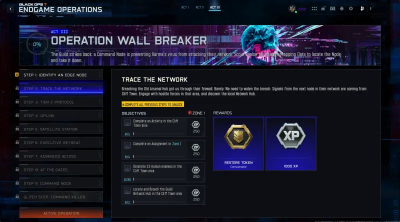 BO7 Operation Wall Breaker Step 2 Trace the Network showing Restore Token and 1000 XP as rewards