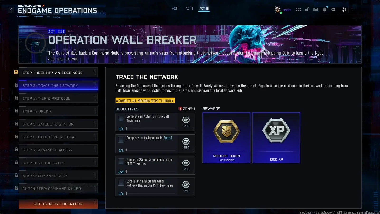 BO7 Wall Breaker Step 2 Trace the Network showing Activity, Assignment, and Human elimination objectives in Cliff Town with Restore Token reward