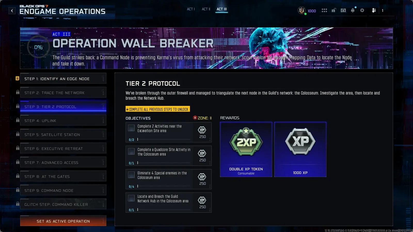 BO7 Wall Breaker Step 3 Tier 2 Protocol showing Excavation Site and Colosseum objectives in Zone II with Double XP Token reward