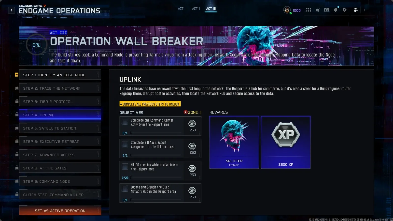 BO7 Wall Breaker Step 4 Uplink showing Command Center, D.A.W.G. Escort, and Vehicle Kill objectives in the Heliport with Splitter Emblem reward