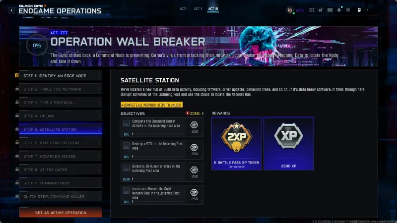 BO7 Wall Breaker Step 5 Satellite Station showing VTOL destroy and 50 Human kill objectives at the Listening Post with Double Battle Pass XP Token reward