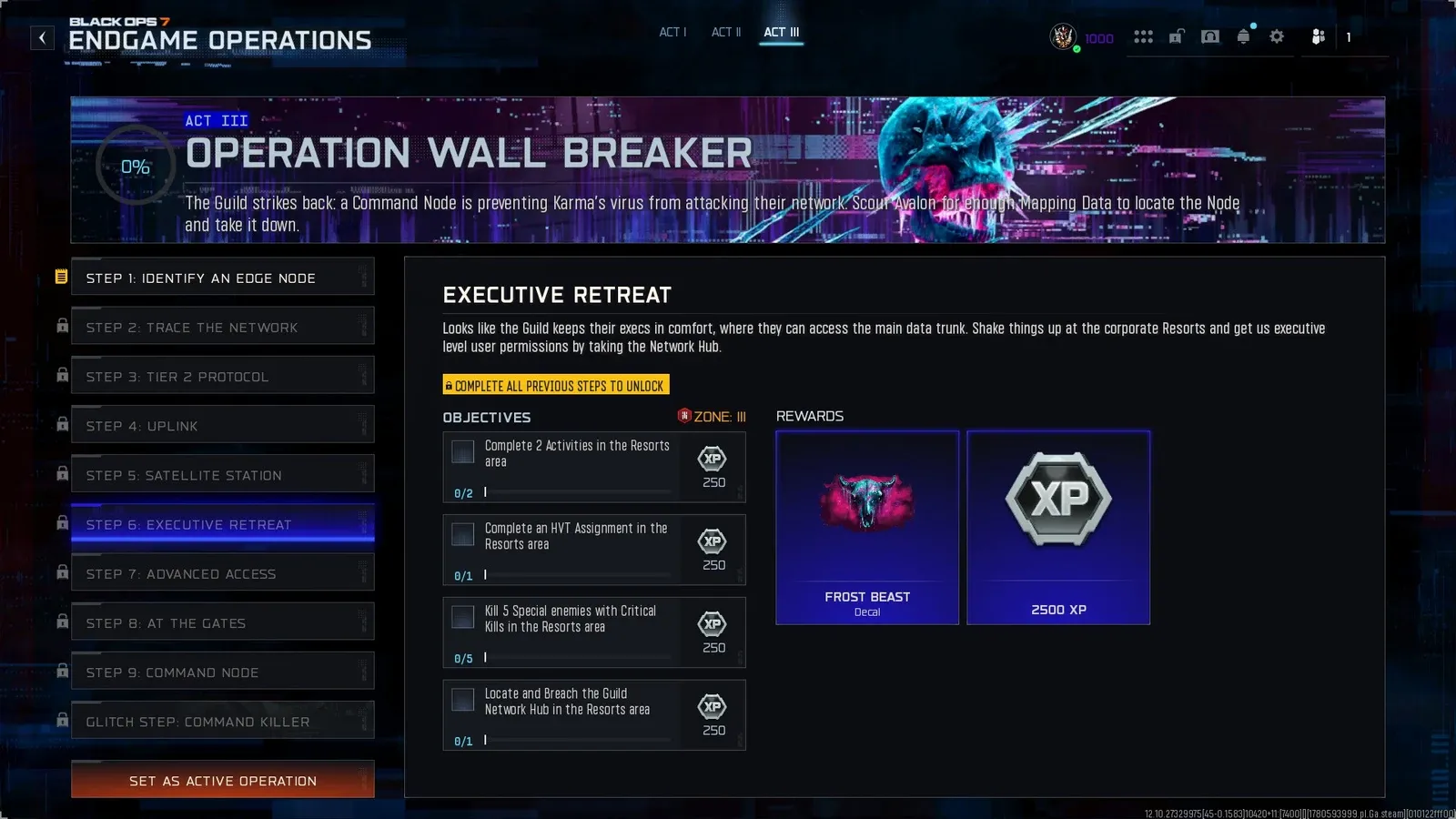 BO7 Wall Breaker Step 6 Executive Retreat showing HVT Assignment and Critical Kill objectives in the Resorts at Zone III with Frost Beast Decal reward