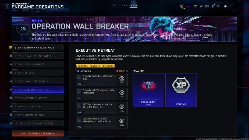 BO7 Wall Breaker Step 6 Executive Retreat showing HVT Assignment and Critical Kill objectives in the Resorts at Zone III with Frost Beast Decal reward