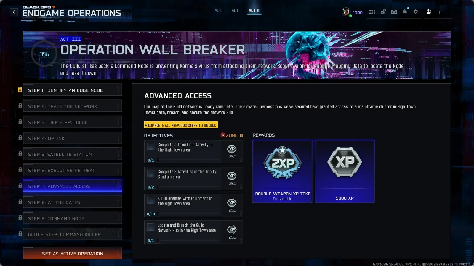 BO7 Wall Breaker Step 7 Advanced Access showing Toxin Field Activity and Equipment Kill objectives in High Town at Zone III with Double Weapon XP Token reward