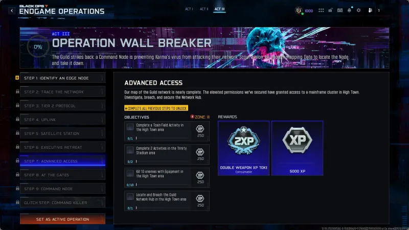 BO7 Wall Breaker Step 7 Advanced Access showing Toxin Field Activity and Equipment Kill objectives in High Town at Zone III with Double Weapon XP Token reward