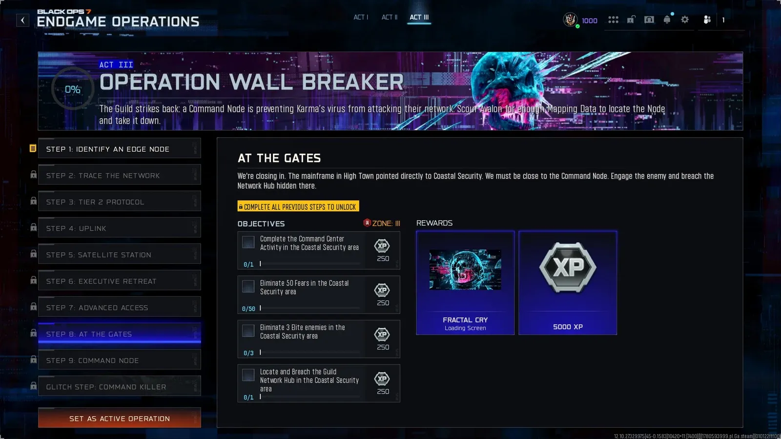 BO7 Wall Breaker Step 8 At the Gates showing 50 Fear eliminations and 3 Elite kills in Coastal Security at Zone III with Fractal Cry Loading Screen reward