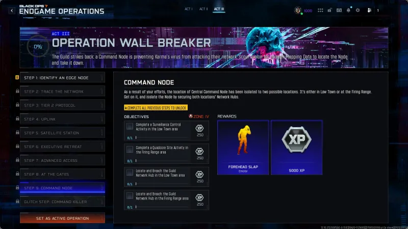 BO7 Wall Breaker Step 9 Command Node showing Surveillance Control and dual Network Hub breach objectives in Low Town and Firing Range at Zone IV with Forehead Slap Emote reward