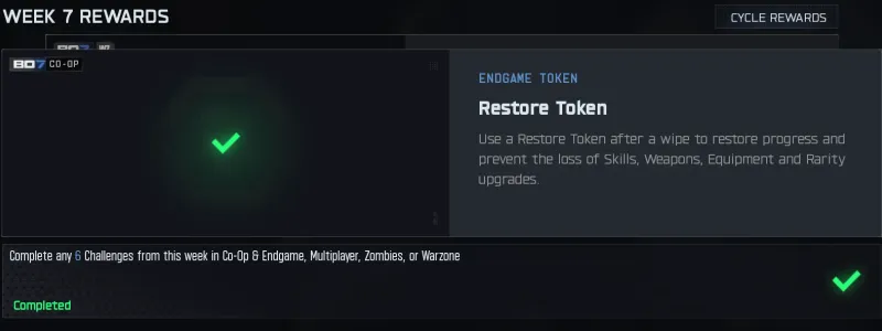 BO7 Week 7 Rewards screen showing a Restore Token earned by completing 6 weekly challenges
