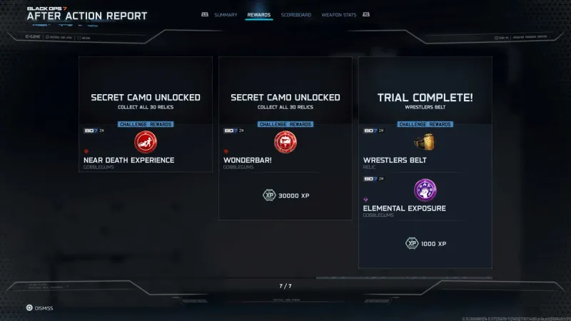 BO7 After Action Report rewards screen showing Trial Complete for the Wrestlers Belt with the Elemental Exposure GobbleGum and 1,000 XP, plus the Collect All 30 Relics secret camo rewards