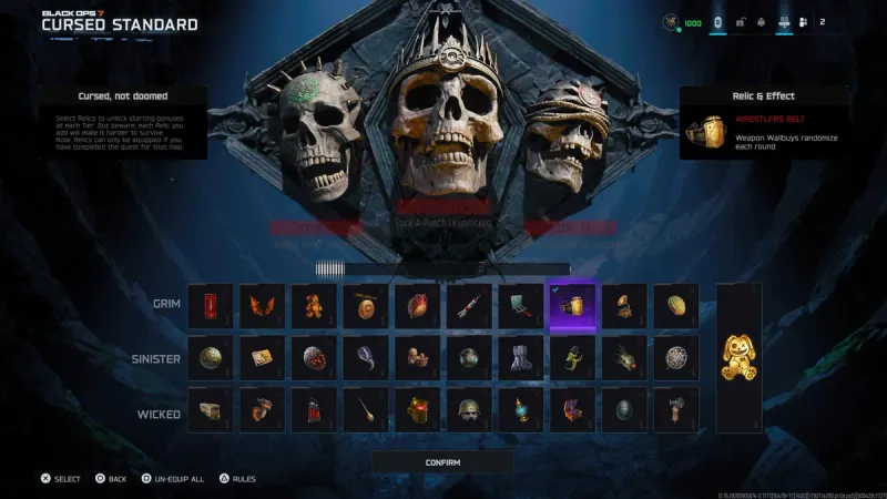 The BO7 Cursed Standard relic menu with all 30 relics unlocked and the Wrestler's Belt selected