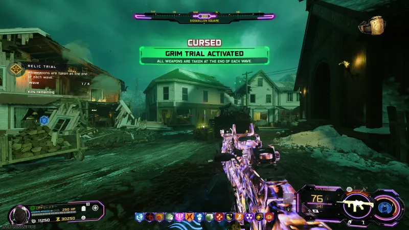Grim Trial Activated banner in Eidskallen Square on Totenreich, wave 1 of 4 of the Wrestler's Belt relic trial, with the belt icon in the top right corner