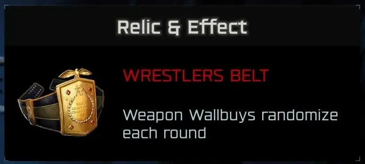 The Wrestler's Belt relic and effect card in the BO7 Cursed Mode menu, reading Weapon Wallbuys randomize each round