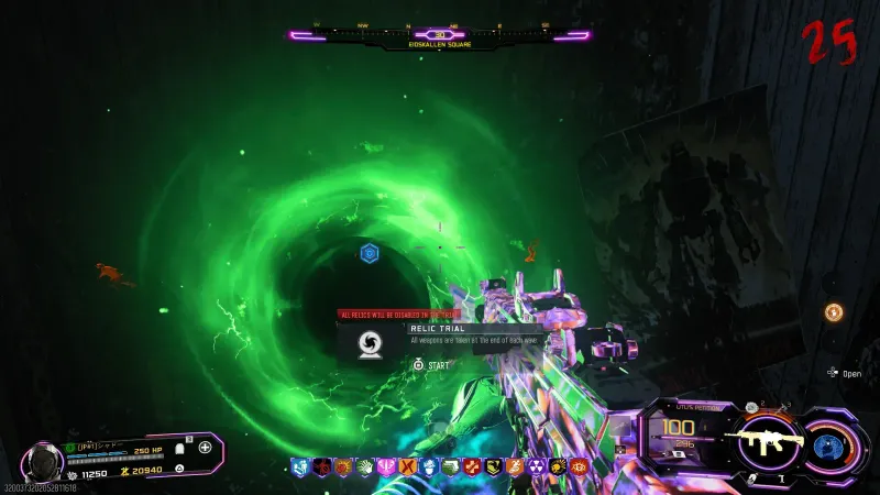 The Relic Trial start prompt at the Wrestler's Belt portal on Totenreich, warning that all relics will be disabled in the trial and all weapons are taken at the end of each wave