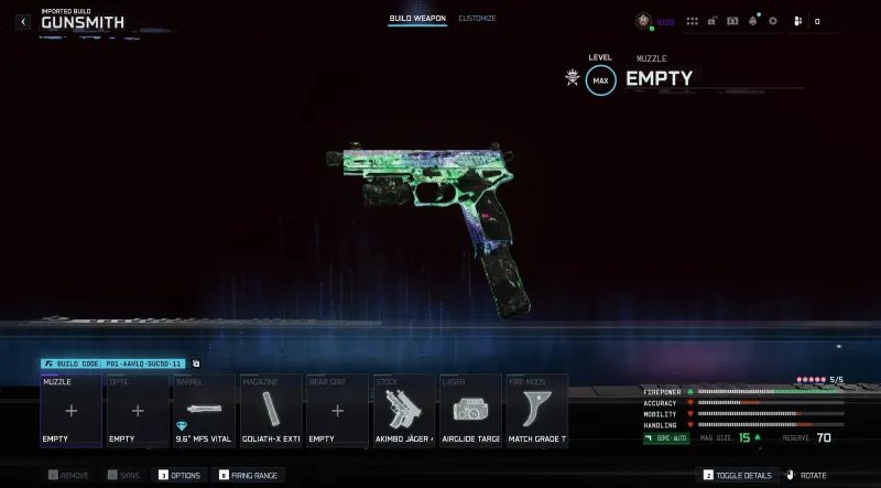 BO7 1911 akimbo weapon build showing attachments and build code P07-AA96T-QLBA7-11