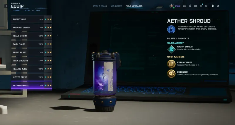 BO7 Aether Shroud field upgrade augment screen showing Group Shroud, Extra Charge, and Extension