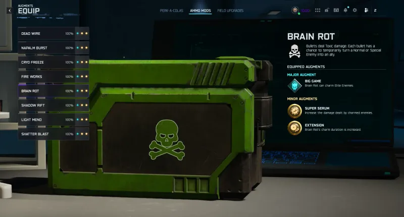 BO7 Brain Rot ammo mod augment screen showing Big Game major augment for charming Elite enemies