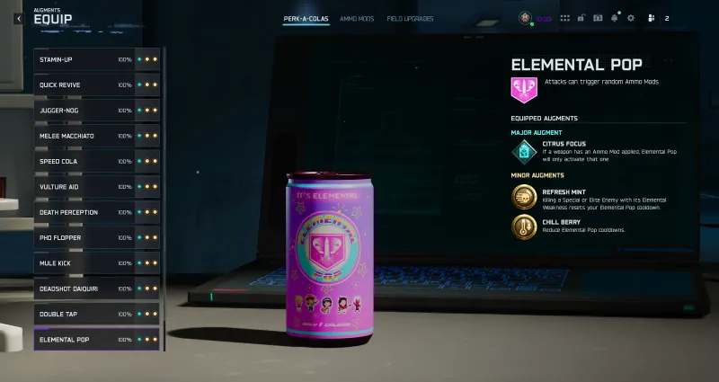 BO7 Elemental Pop perk augment screen showing Citrus Focus selected as major augment