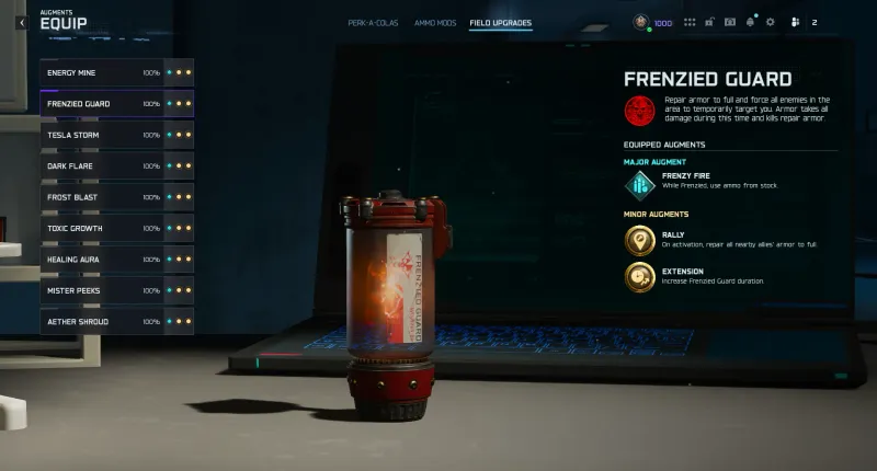 BO7 Frenzied Guard field upgrade augment screen showing Frenzy Fire major augment with Rally and Extension