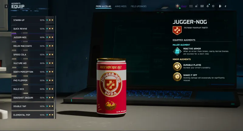 BO7 Jugger-Nog perk augment screen showing Reactive Armor selected as major augment