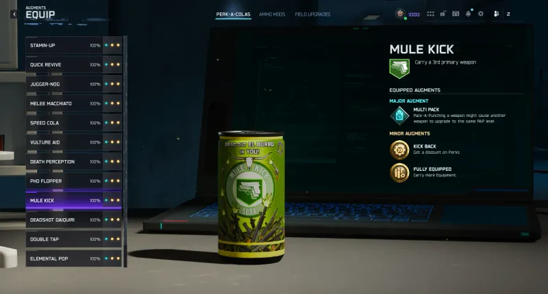 BO7 Mule Kick perk augment screen showing Multi Pack major augment and Kick Back discount minor augment