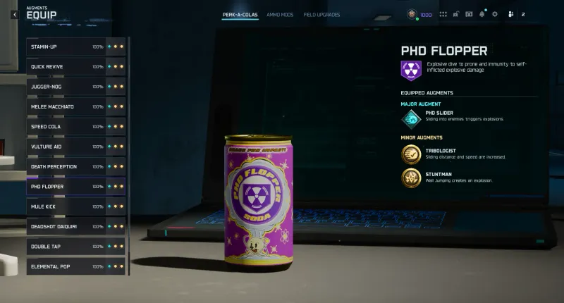 BO7 PhD Flopper perk augment screen showing PhD Slider major augment and Tribologist, Stuntman minors