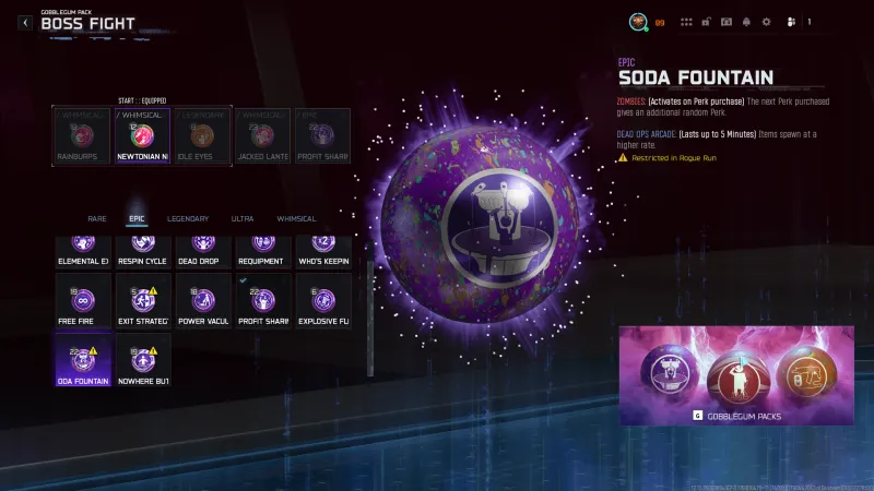 BO7 Zombies GobbleGum pack editor with the Epic tab open and Soda Fountain selected, showing its Zombies and Dead Ops Arcade effects and the Restricted in Rogue Run warning