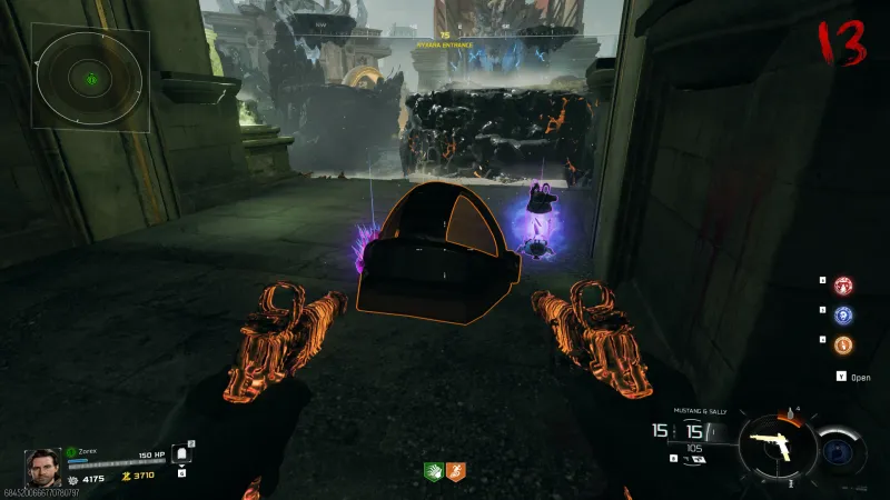 Player holding dual pistols faces a glowing box near the Nyxara Entrance in Rex Infernus.