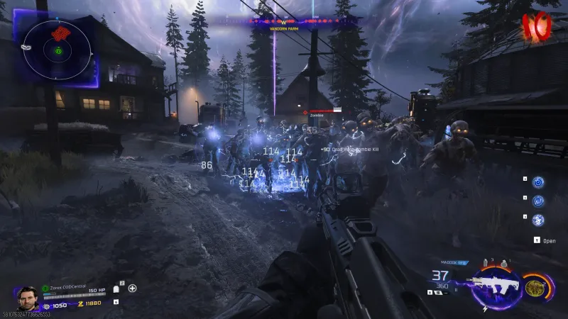 Chain Lightning spreading through a tight horde on Vandorn Farm in BO7 Zombies, dealing 114 damage across multiple enemies in a single activation
