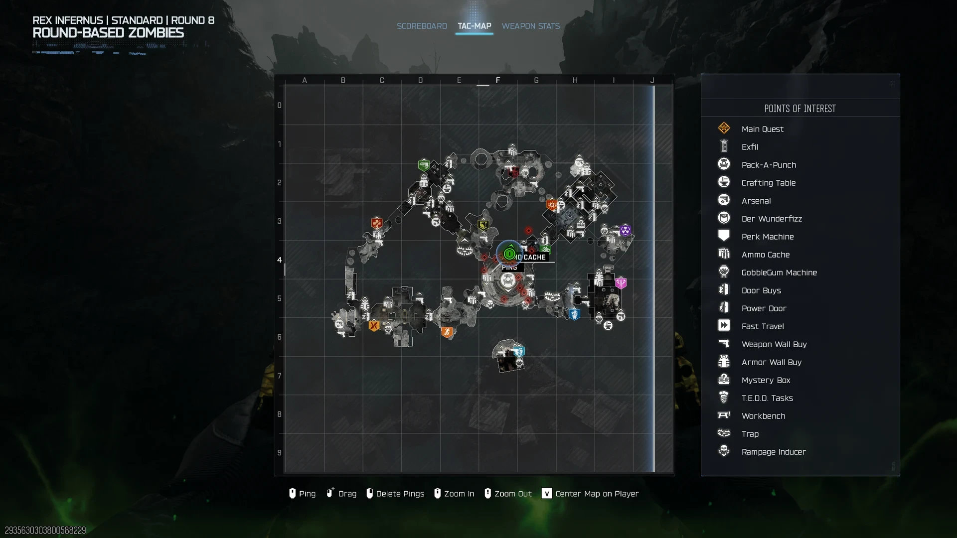 The Rex Infernus tac-map with a ping near the Ammo Cache in the central chamber