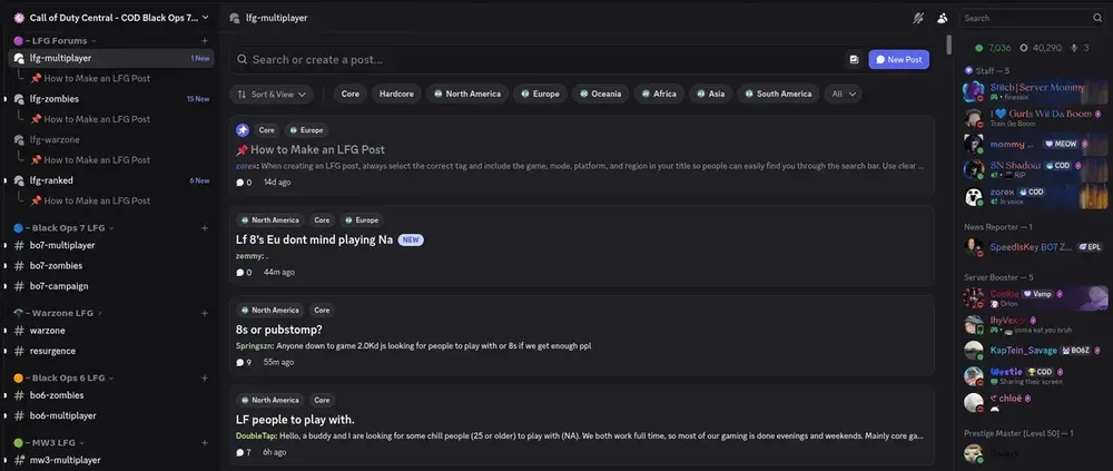 COD Central Discord LFG forums showing active player posts
