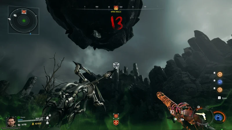 Grappling toward the Spira Insula floating chunk on Rex Infernus on round 13