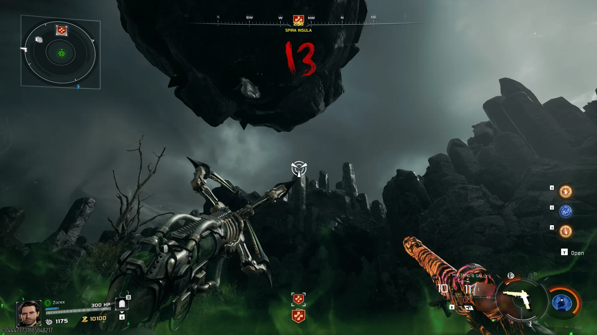 Grappling toward the Spira Insula floating chunk on Rex Infernus on round 13