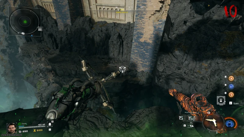 Grappling across a chasm toward the Ruinas Insula ruins on Rex Infernus