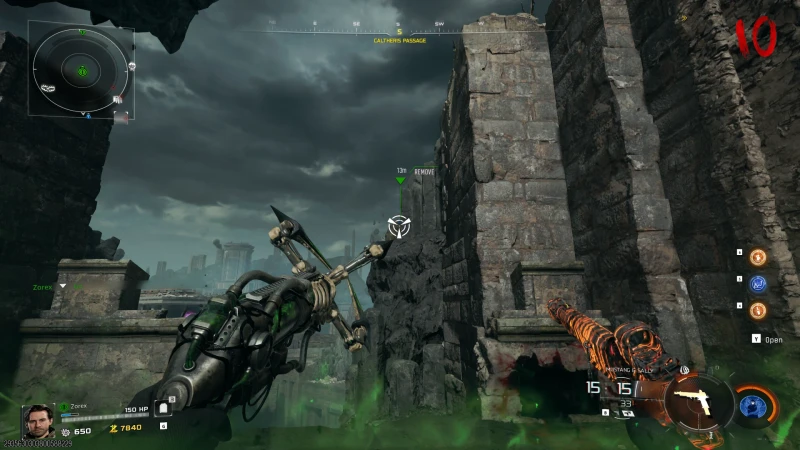 The Void Claw grapple pointed at a part on a ruined wall at Caltheris Passage on Rex Infernus, 13 metres out