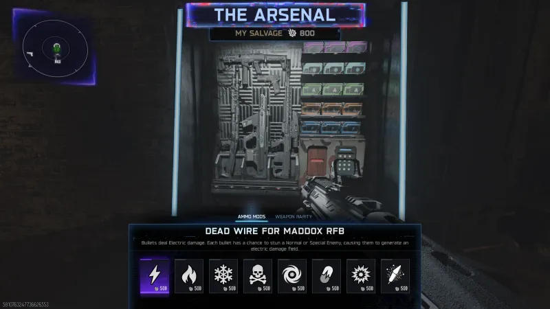 The Arsenal screen in BO7 Zombies showing Dead Wire selected for the Maddox RFB, with all ammo mods costing 500 Salvage each
