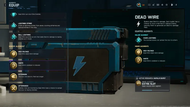 Dead Wire Augments equip screen in BO7 Zombies showing Chain Lightning selected as the Major and High Voltage plus Haste as the Minor augments, with all options listed and their descriptions visible