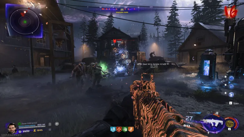 Dead Wire's Big Game Major triggering on Zursa the elite bear enemy on Vandorn Farm in BO7 Zombies at round 16, showing 89 damage and a Dead Wire Zombie Kill times 3 reward