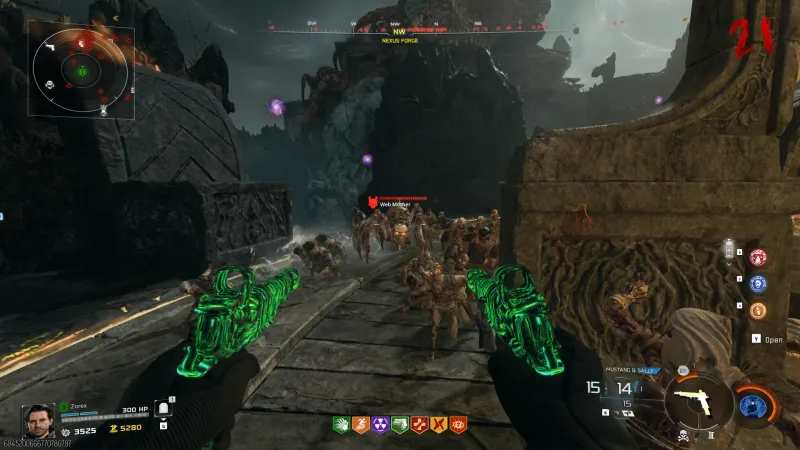 A horde led by the Web Mother boss advances near Nexus Forge in Rex Infernus with dual glowing green pistols equipped.