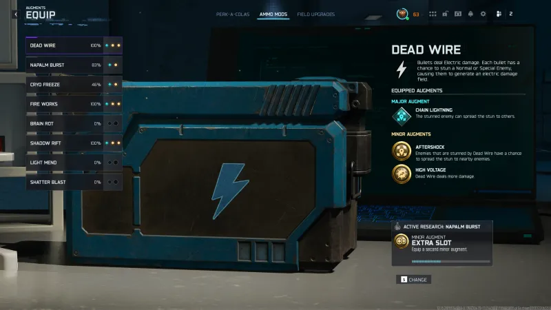 Ammo Mods research tab in BO7 Zombies showing Dead Wire at 100 percent while Napalm Burst sits at 83 percent, Cryo Freeze at 46 percent, and Brain Rot still at zero