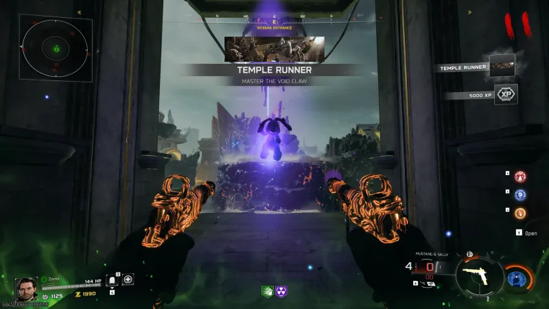 The Temple Runner challenge prompt for 5,000 XP at the Nyxara Entrance on Rex Infernus, the challenge that unlocks the Temple Runner calling card.