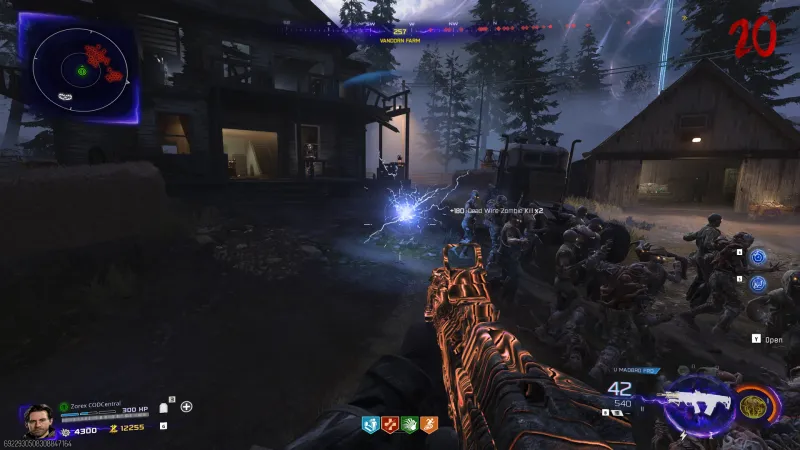 Lightning Strike activating on Vandorn Farm in BO7 Zombies at round 20, showing a lightning bolt from above hitting a small group of zombies for plus 180 points and two kills