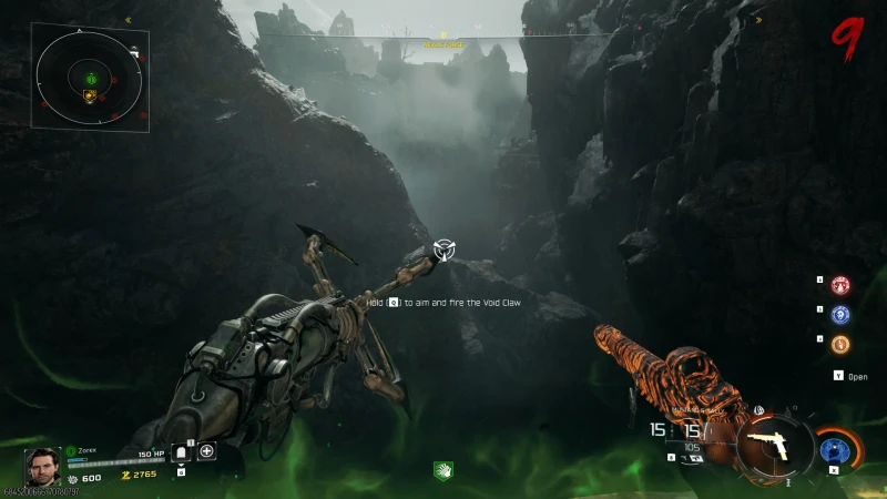 Aiming the Void Claw grapple across a foggy chasm toward Nexus Forge on Rex Infernus